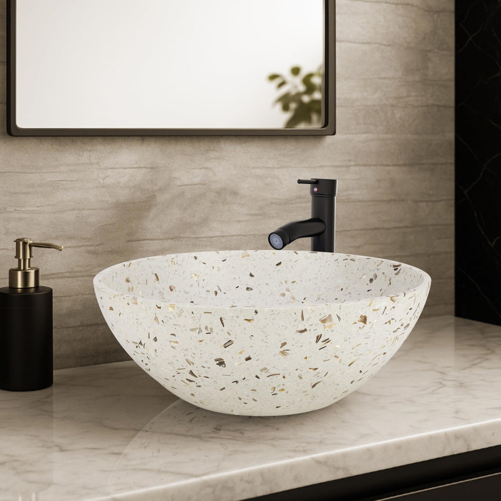 Design Vessel Sink Concrete Bathroom Sink above Counter Small Vessel Sink Bathroom Sink Bowl Countertop Modern Sinks with Faucet and Drain Combo 15.7" Round Gray