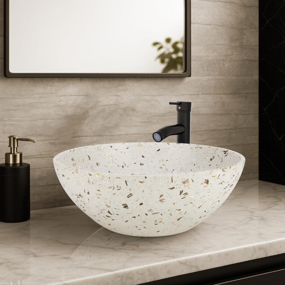 Design Vessel Sink Concrete Bathroom Sink above Counter Small Vessel Sink Bathroom Sink Bowl Countertop Modern Sinks with Faucet and Drain Combo 15.7" Round Gray