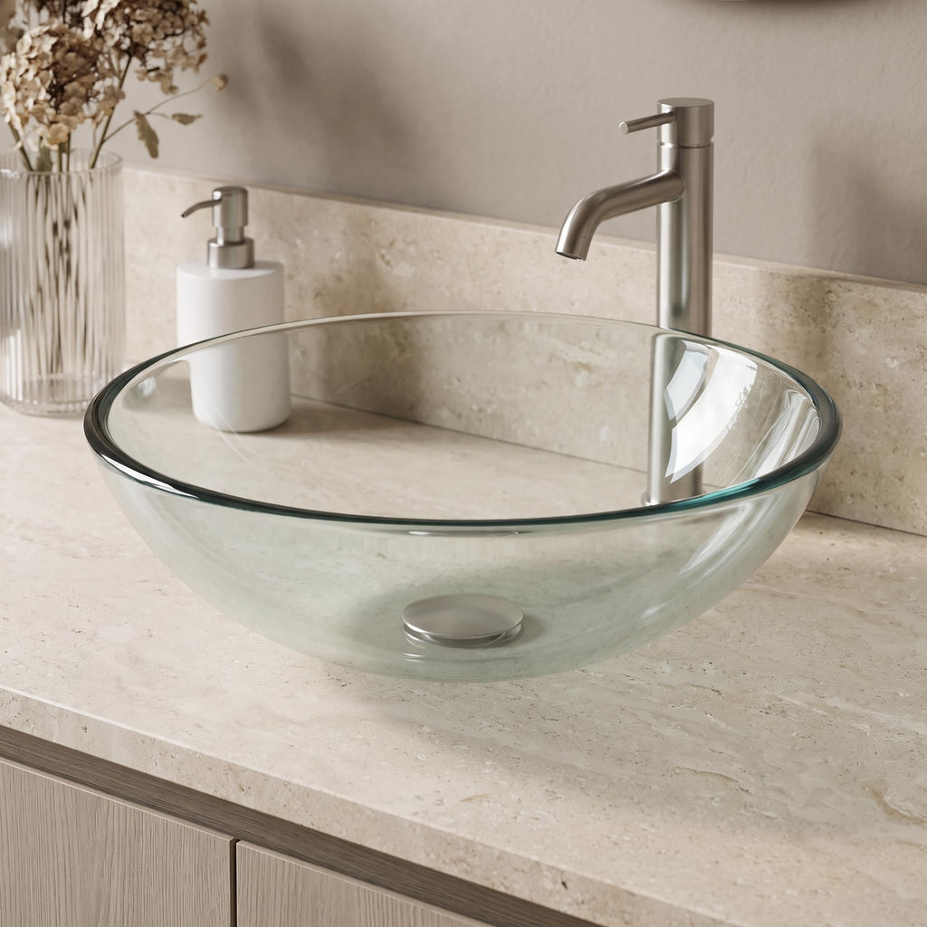 Vigo Vessel Sink Copper - 17â Artistic Round Bowl Sink for Bathrooms, Tempered Glass Above Counter Bathroom Sink with NonStickShield, QuickDrain & TempGuard, Modern Luxury Design