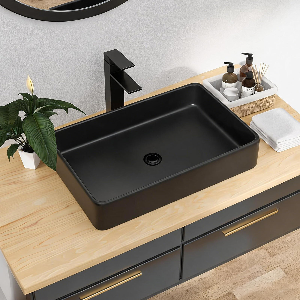 Kichae 16"x12" Vessel Sink Rectangle - Modern Above Matte Black Porcelain Ceramic Bathroom Vessel Vanity Sink Bowl Art Basin