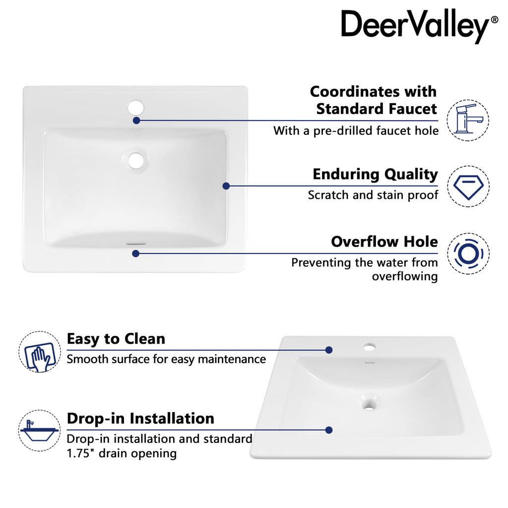 DeerValley Modern Drop In Bathroom Sink White 20"x17" Oval Vanity Art Basin