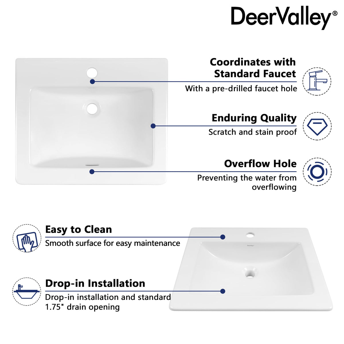 DeerValley Modern Drop In Bathroom Sink White 20"x17" Oval Vanity Art Basin