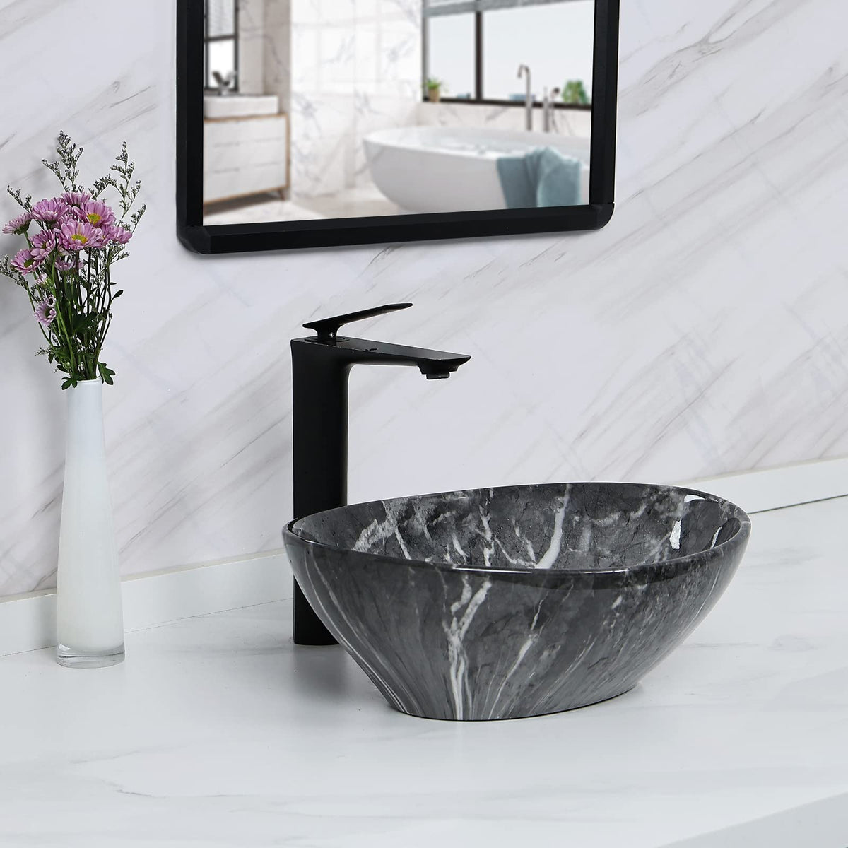 Davivy 15.7'' X 13.4'' Matte Black Oval Vessel Sink with Pop Up Drain,Bathroom Vessel Sinks,Ceramic Vessel Sink,Bathroom Sinks Above Counter,Matte Black Vessel Sinks for Bathrooms