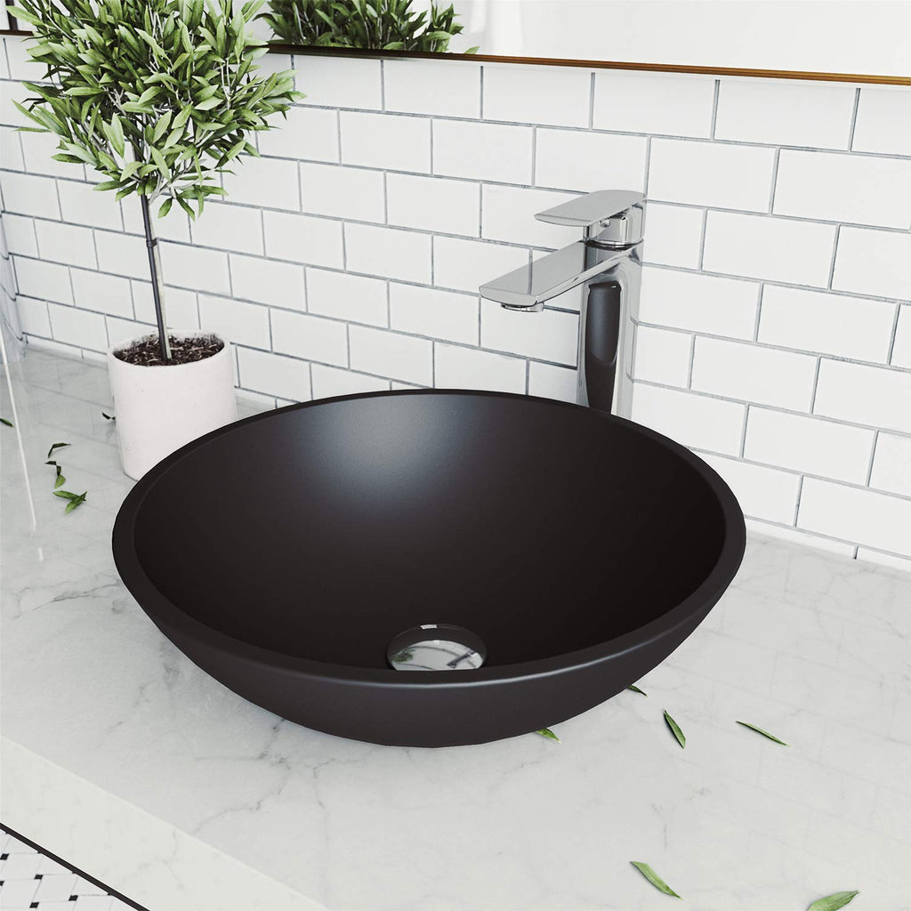 Vigo Vessel Sink Copper - 17â Artistic Round Bowl Sink for Bathrooms, Tempered Glass Above Counter Bathroom Sink with NonStickShield, QuickDrain & TempGuard, Modern Luxury Design
