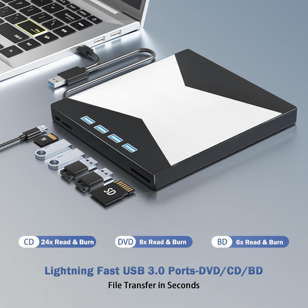 Wbacon 4K External Blu Ray Drive, USB 3.0 & 4 USB Ports 3D Blu Ray Drive
