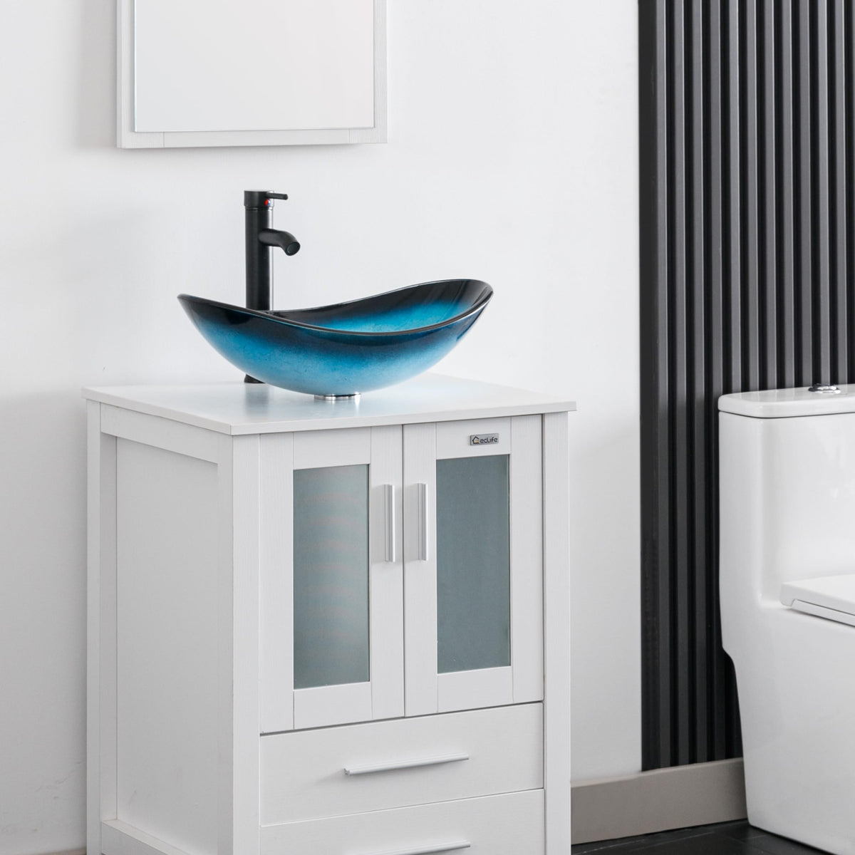 eclife 21.5" Bathroom Vessel Sink Modern Artistic Single Brown Boat Tempered Glass Basin Countertop Bowl Sink for Lavatory Vanity Cabinet, W/Water Save Faucet Pop Up Drain (A29BR)