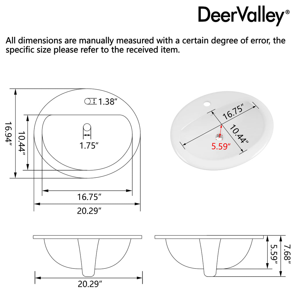 DeerValley Modern Drop In Bathroom Sink White 20"x17" Oval Vanity Art Basin