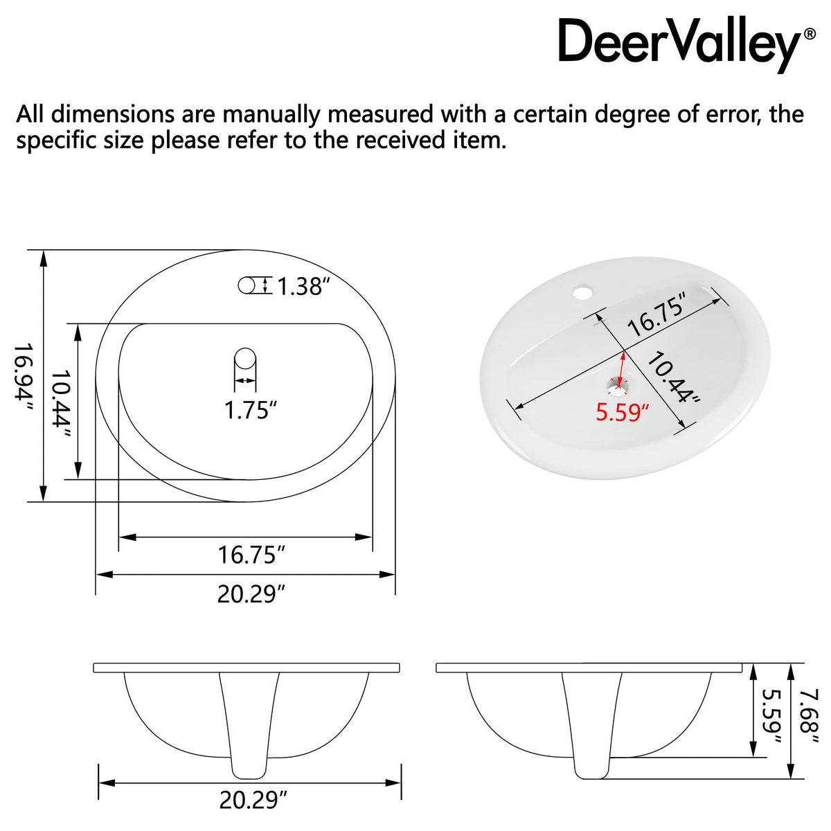 DeerValley Modern Drop In Bathroom Sink White 20"x17" Oval Vanity Art Basin