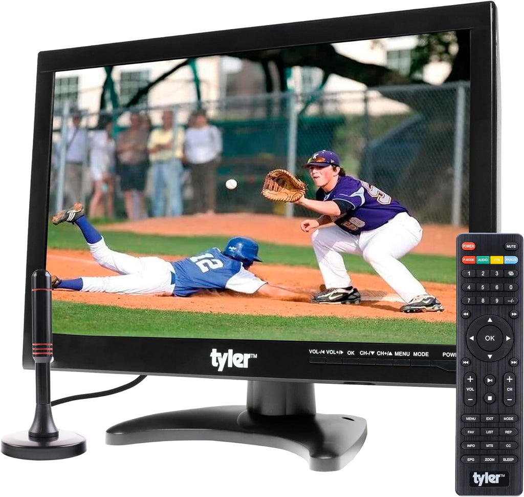 Tyler 14â Portable TV LCD Monitor 1080P Rechargeable Lithium Battery Operated, 2 Antenna, HDMI, USB, RCA, FM Radio, Digital Tuner, AV Inputs, AC/DC, TV Stand and Remote Control for Car Travel