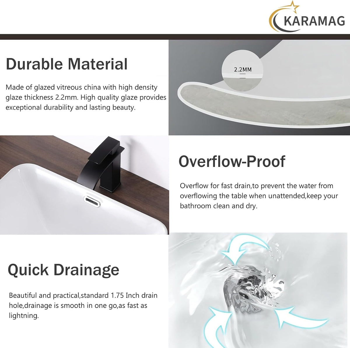 Small Bathroom Vessel Sink 16.7'' x 12.6'' Semi Recessed Bathroom Sink Rectangular Drop-in Vanity Sink with Overflow White Ceramic Modern Art Basin
