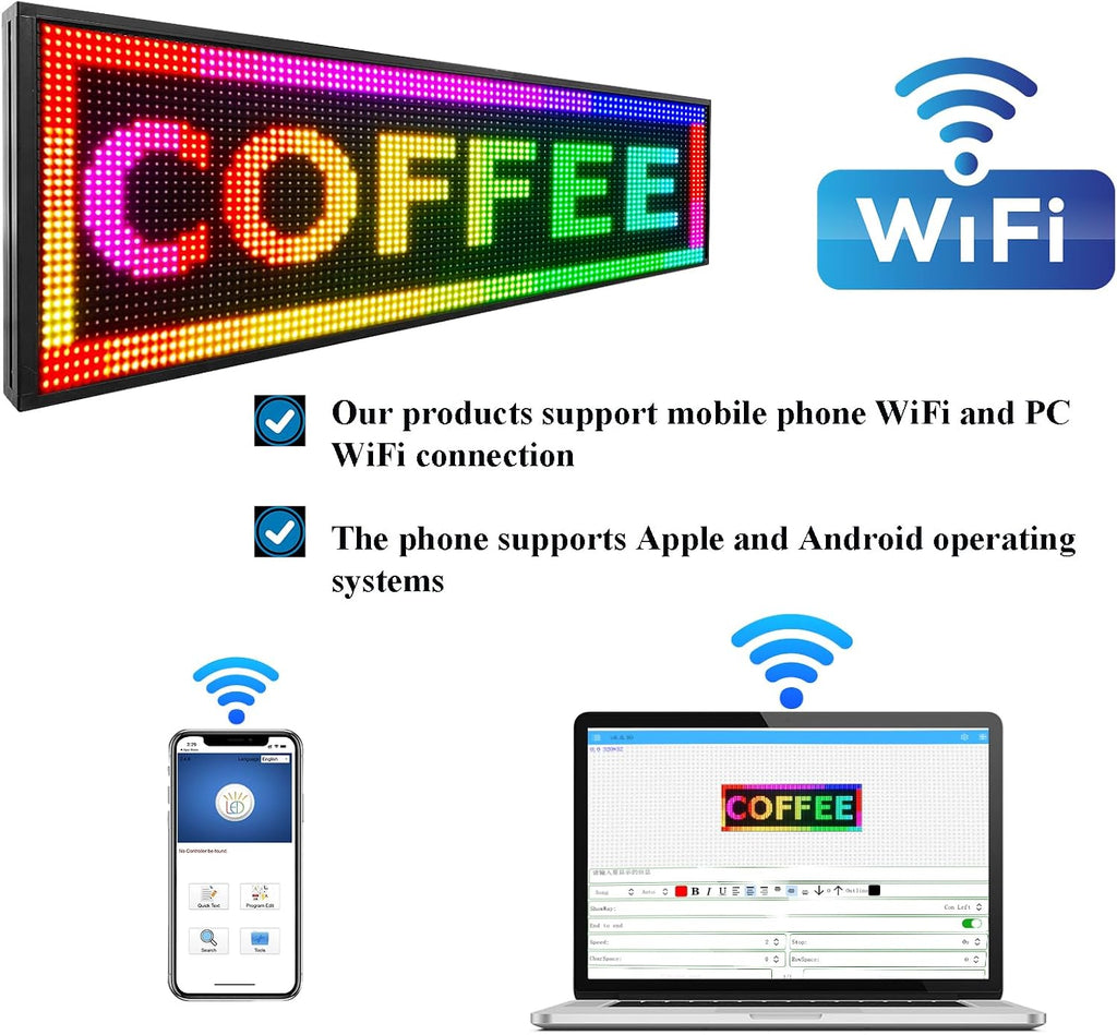 P10 Outdoor RGB Full Color WiFi Programmable Bright LED Scrolling Message Display Board 65âx14â Led Sign, Led Digital Sign Board, Perfect Solution for Store Advertising