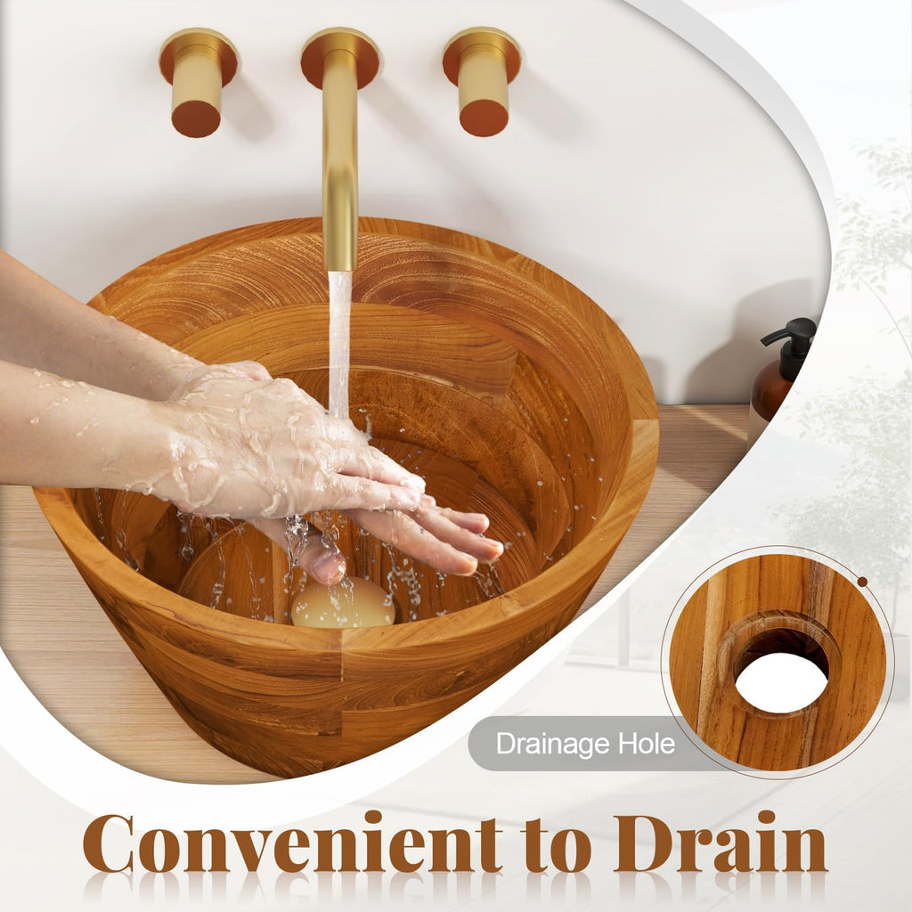 Giantex Teak Wood Vessel Sink - Bathroom Washbasin with Smooth Finish, Round Corner, 2.5â Drain Hole for 1 5/8" Drainage, Above Counter Vanity Sinks, No Assembly Art Basin (16â x 16â x 4â Bowl-shaped)