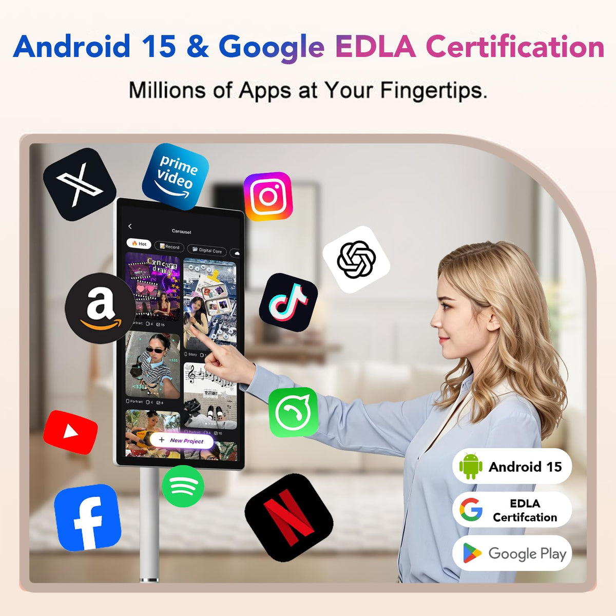 32-Inch FHD Smart Portable TV, Rolling TV on Wheels, Built-in Battery, Android 15 OS, Touch Screen Monitor, 6GB RAM + 128GB Storage, 8MP Camera, Full Swivel Rotation, Voice Remote