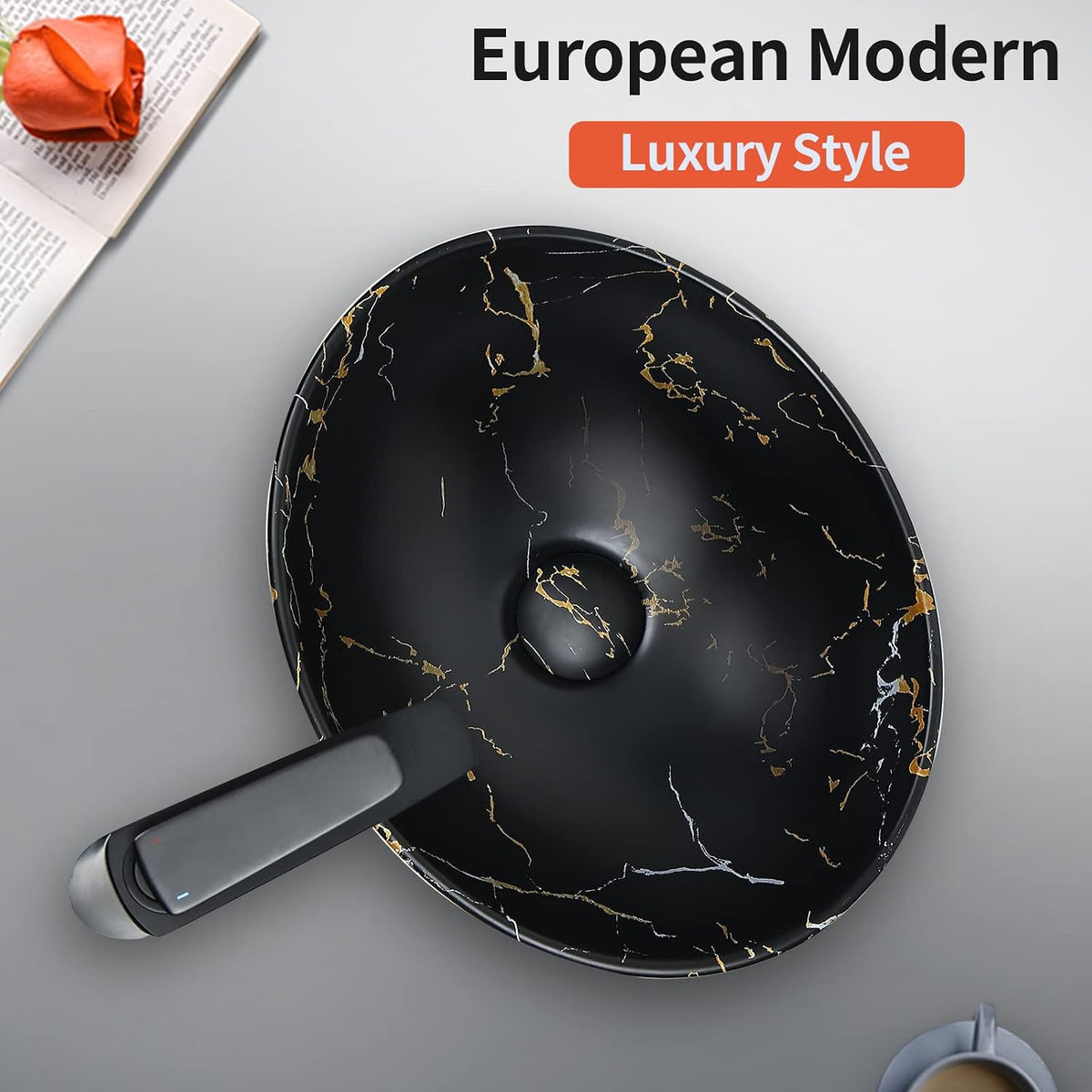 Davivy 16'' X 13.2'' Matte Black Oval Vessel Sink with Pop Up Drain,Bathroom Vessel Sinks,Bathroom Sinks Above Counter,Ceramic Vessel Sink,Counter top Sink,Black Sink Bowls for Bathroom