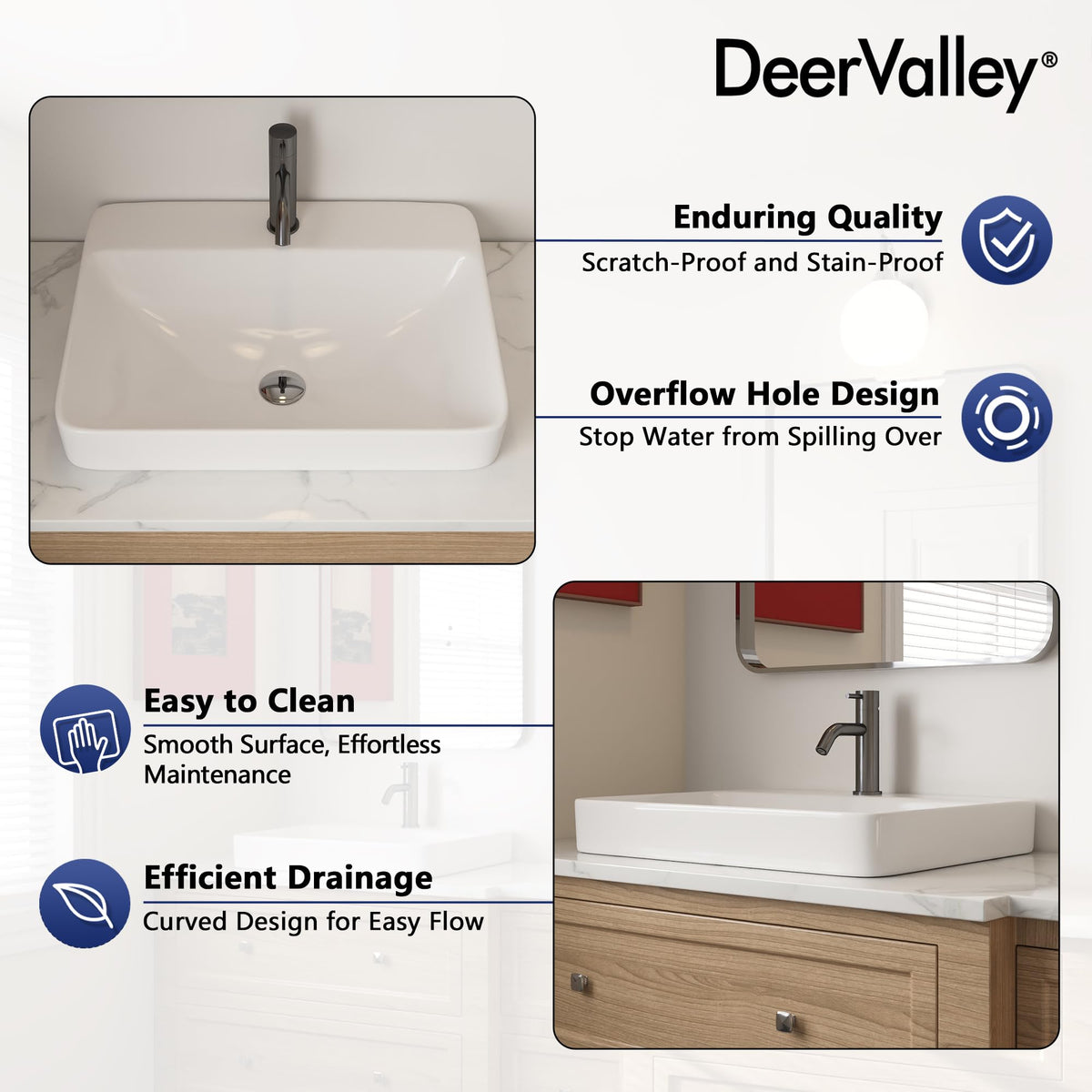 DeerValley Modern Drop In Bathroom Sink White 20"x17" Oval Vanity Art Basin