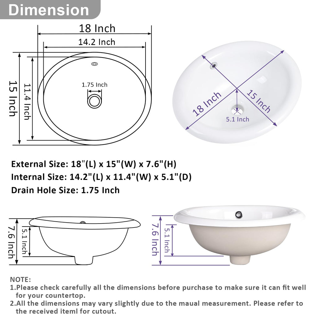 Small Bathroom Vessel Sink 16.7'' x 12.6'' Semi Recessed Bathroom Sink Rectangular Drop-in Vanity Sink with Overflow White Ceramic Modern Art Basin