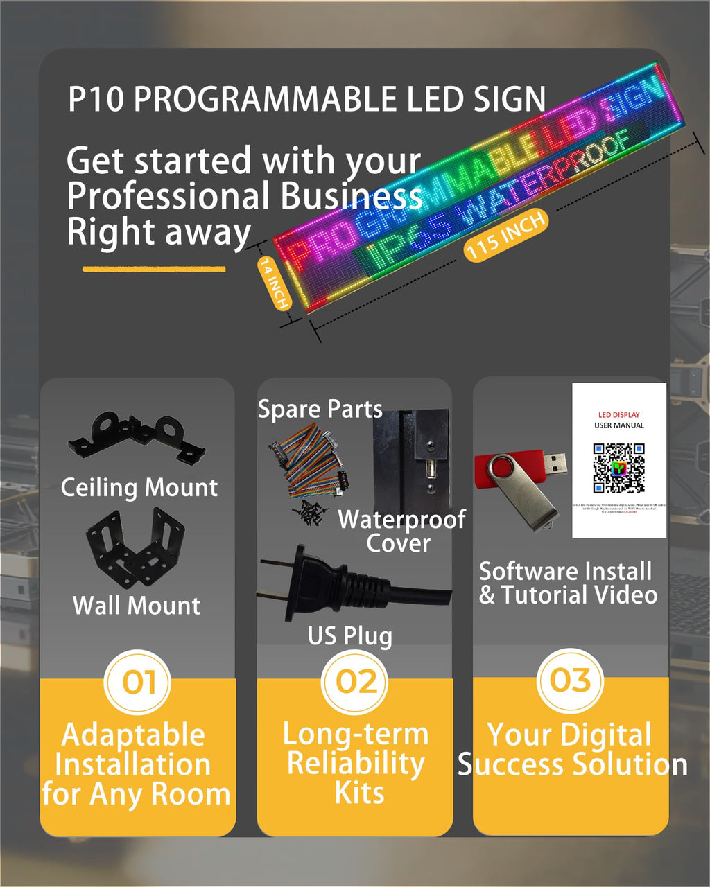 P10 Programmable LED SIGN 40"Ã8" Scrolling LED Display, High Brightness & IP65 Waterproof Indoor Outdoor Digital Signage led screen, Open Signs Welcome Sign for Store Business Advertising