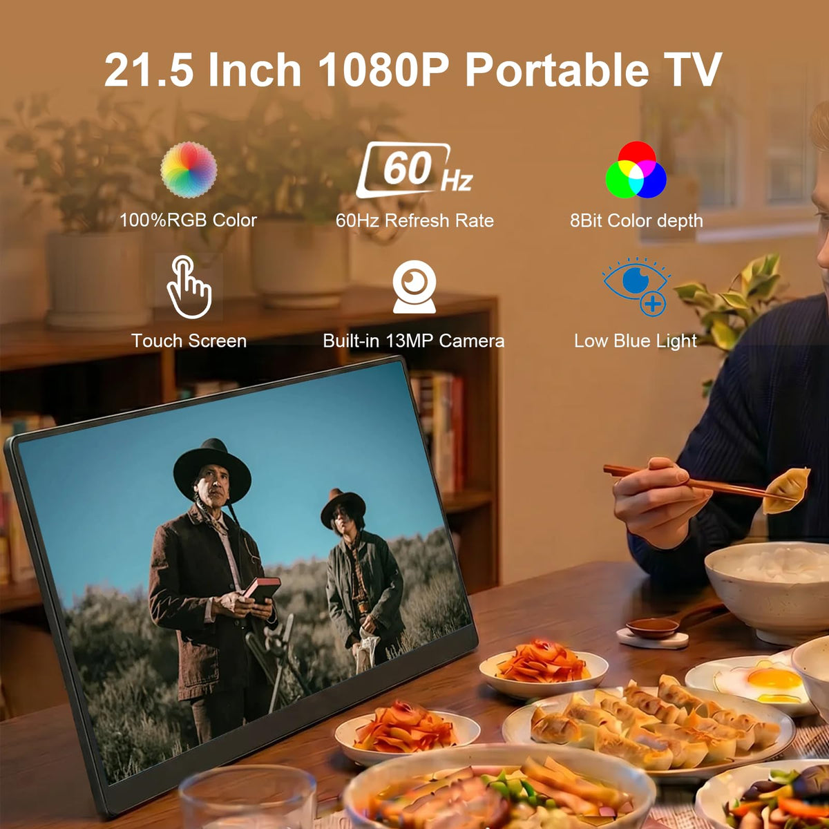 32-Inch FHD Smart Portable TV, Rolling TV on Wheels, Built-in Battery, Android 15 OS, Touch Screen Monitor, 6GB RAM + 128GB Storage, 8MP Camera, Full Swivel Rotation, Voice Remote