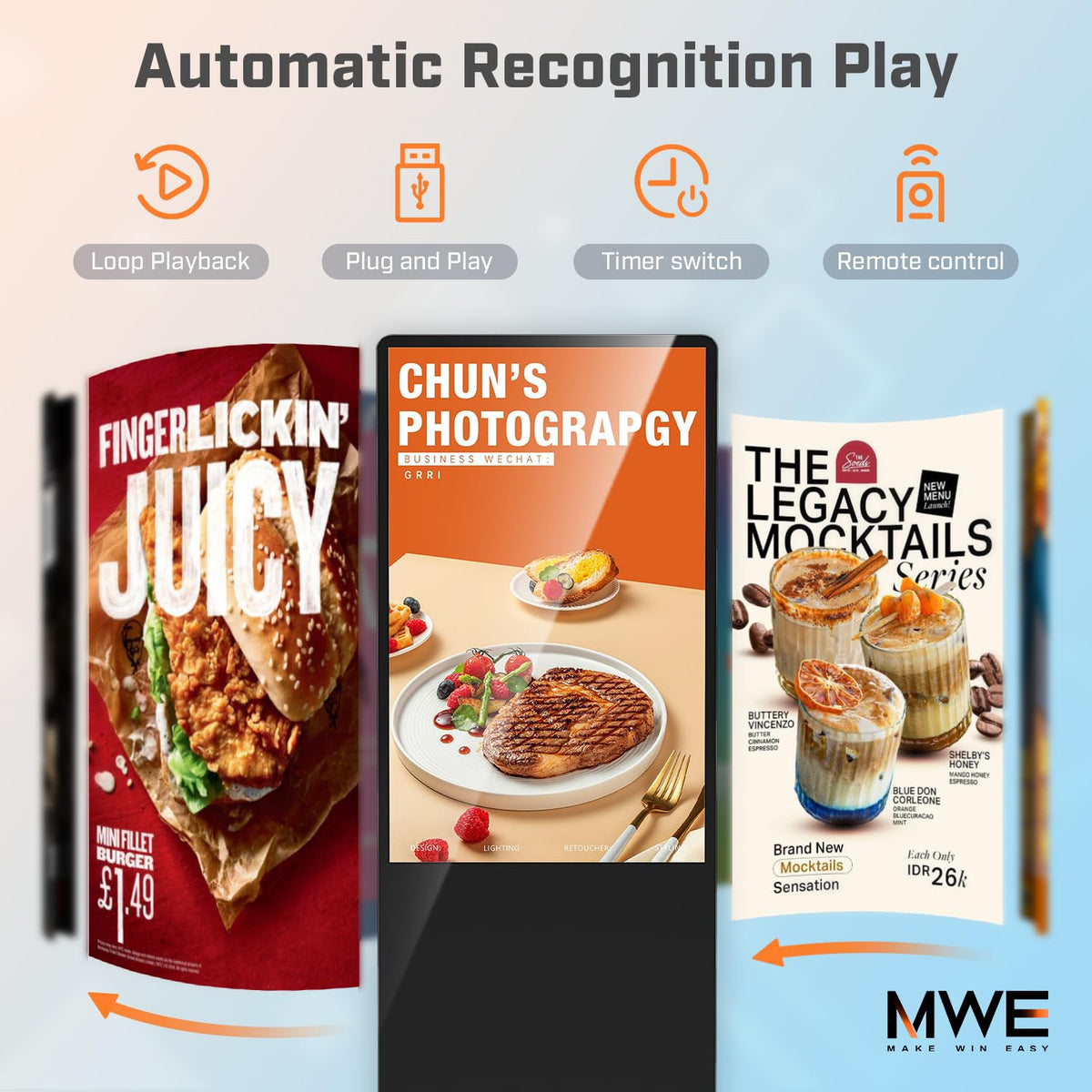 MWE 43 Inch Indoor Floor Standing Digital Signage Advertising Display Kiosk LCD Screen Commercial Totem Android System Vertical Poster with Auto Media Player