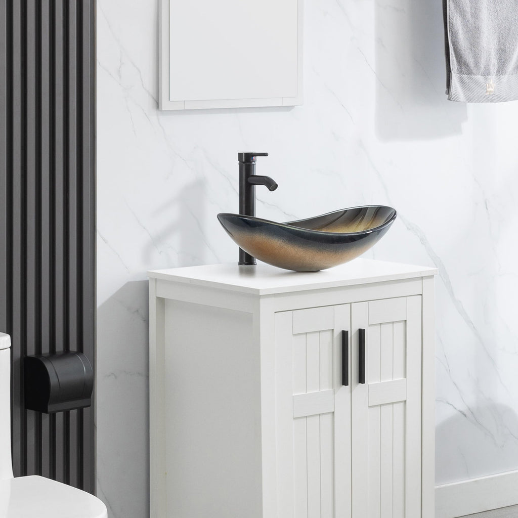 eclife 21.5" Bathroom Vessel Sink Modern Artistic Single Brown Boat Tempered Glass Basin Countertop Bowl Sink for Lavatory Vanity Cabinet, W/Water Save Faucet Pop Up Drain (A29BR)