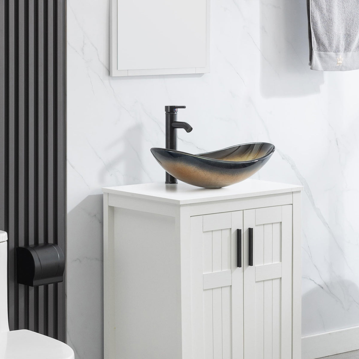 eclife 21.5" Bathroom Vessel Sink Modern Artistic Single Brown Boat Tempered Glass Basin Countertop Bowl Sink for Lavatory Vanity Cabinet, W/Water Save Faucet Pop Up Drain (A29BR)