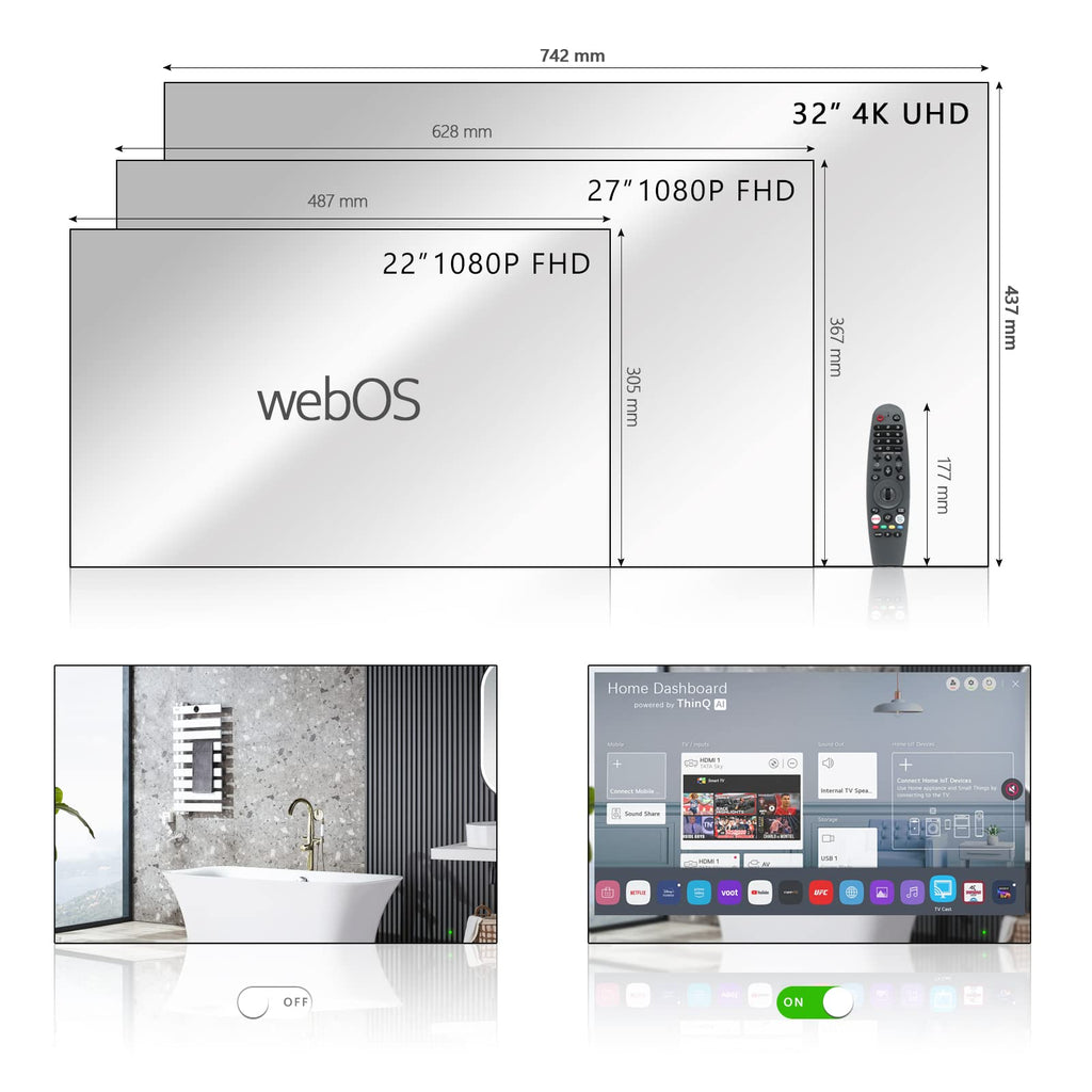 Soulaca 55 inches Smart Waterproof Mirror TV 4K UHD webOS Built-in ATSC DTV Tuner Voice Control, Large Bathroom & Indoor Hotel Resort Television Wall-Mount Big Screen Pool