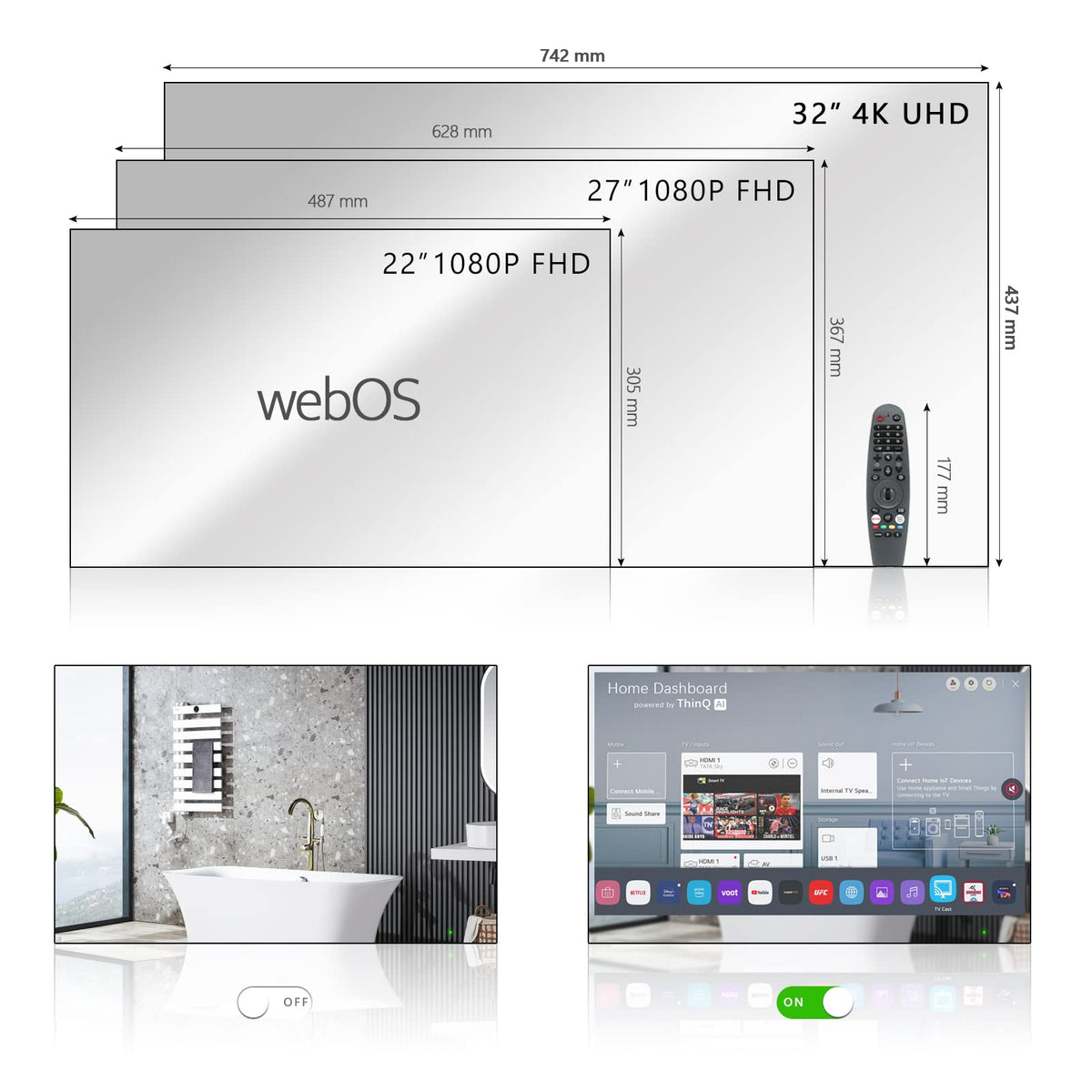 Soulaca 55 inches Smart Waterproof Mirror TV 4K UHD webOS Built-in ATSC DTV Tuner Voice Control, Large Bathroom & Indoor Hotel Resort Television Wall-Mount Big Screen Pool