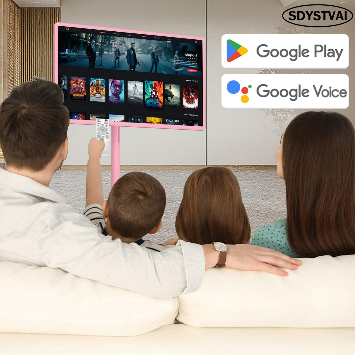 32-Inch FHD Smart Portable TV, Rolling TV on Wheels, Built-in Battery, Android 15 OS, Touch Screen Monitor, 6GB RAM + 128GB Storage, 8MP Camera, Full Swivel Rotation, Voice Remote