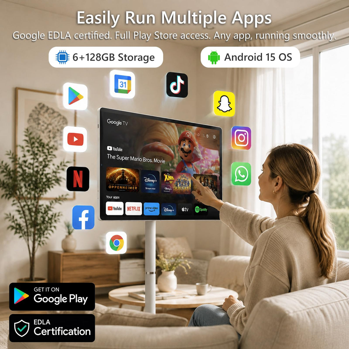 OFD 27" Portable TV on Wheels,Mobile TV Touchsreen for Home,Android 15,Gen2