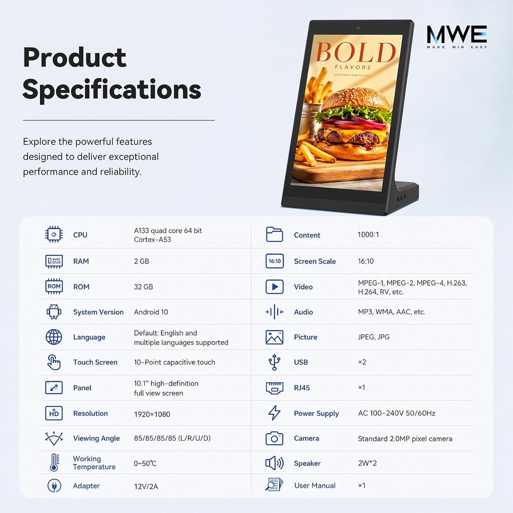10.1" Desktop Digital Signage Display, L-Shaped HD Touch Screen Kiosk, LedArt App Remote Management, Commercial Advertising Display for Retail, Restaurant, Hotel (WiFi/Ethernet/USB)