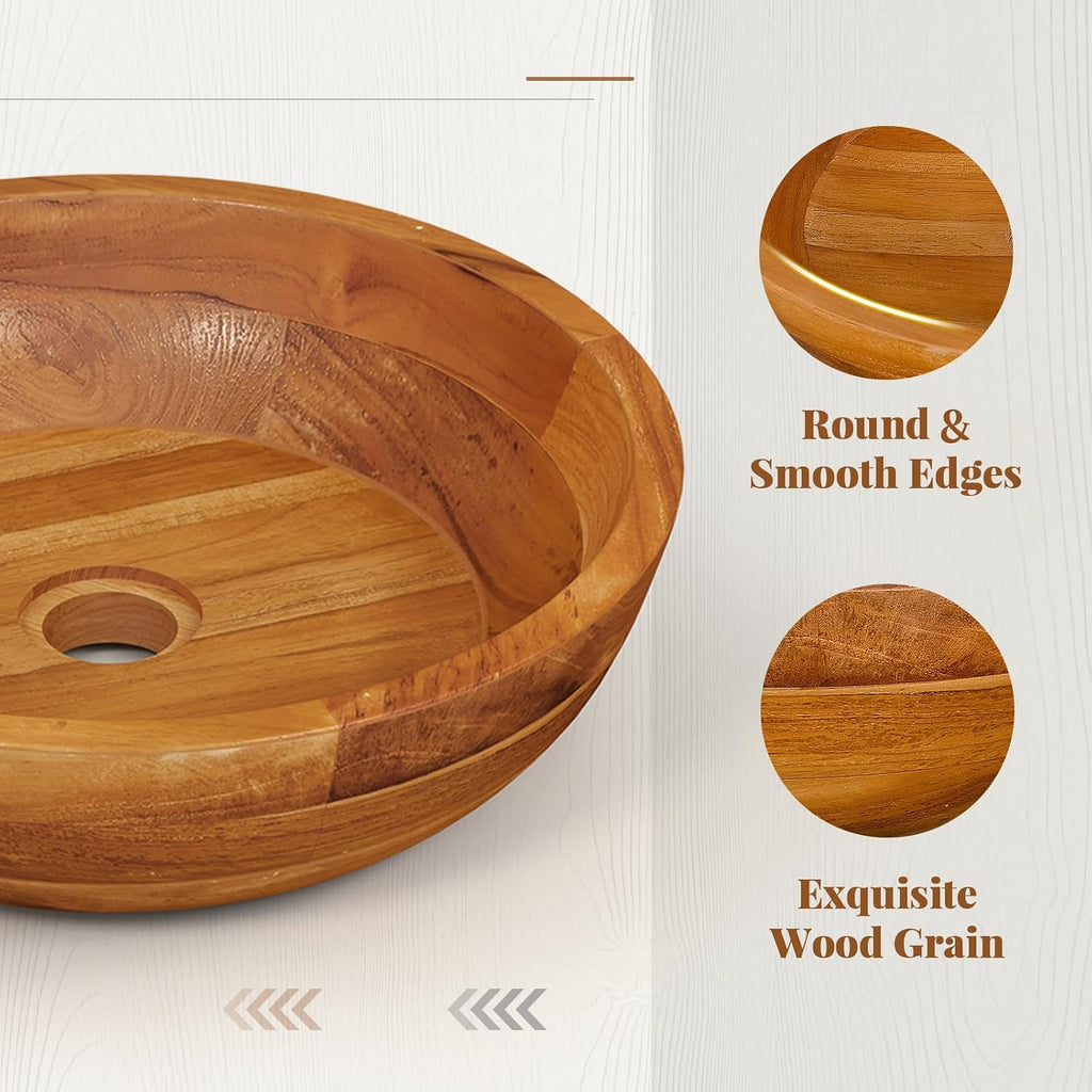 Giantex Teak Wood Vessel Sink - Bathroom Washbasin with Smooth Finish, Round Corner, 2.5â Drain Hole for 1 5/8" Drainage, Above Counter Vanity Sinks, No Assembly Art Basin (16â x 16â x 4â Bowl-shaped)