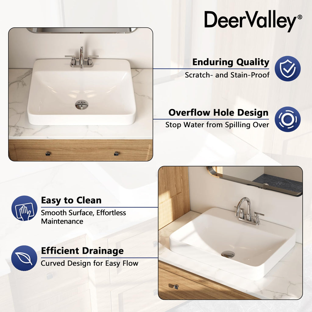 DeerValley Modern Drop In Bathroom Sink White 20"x17" Oval Vanity Art Basin