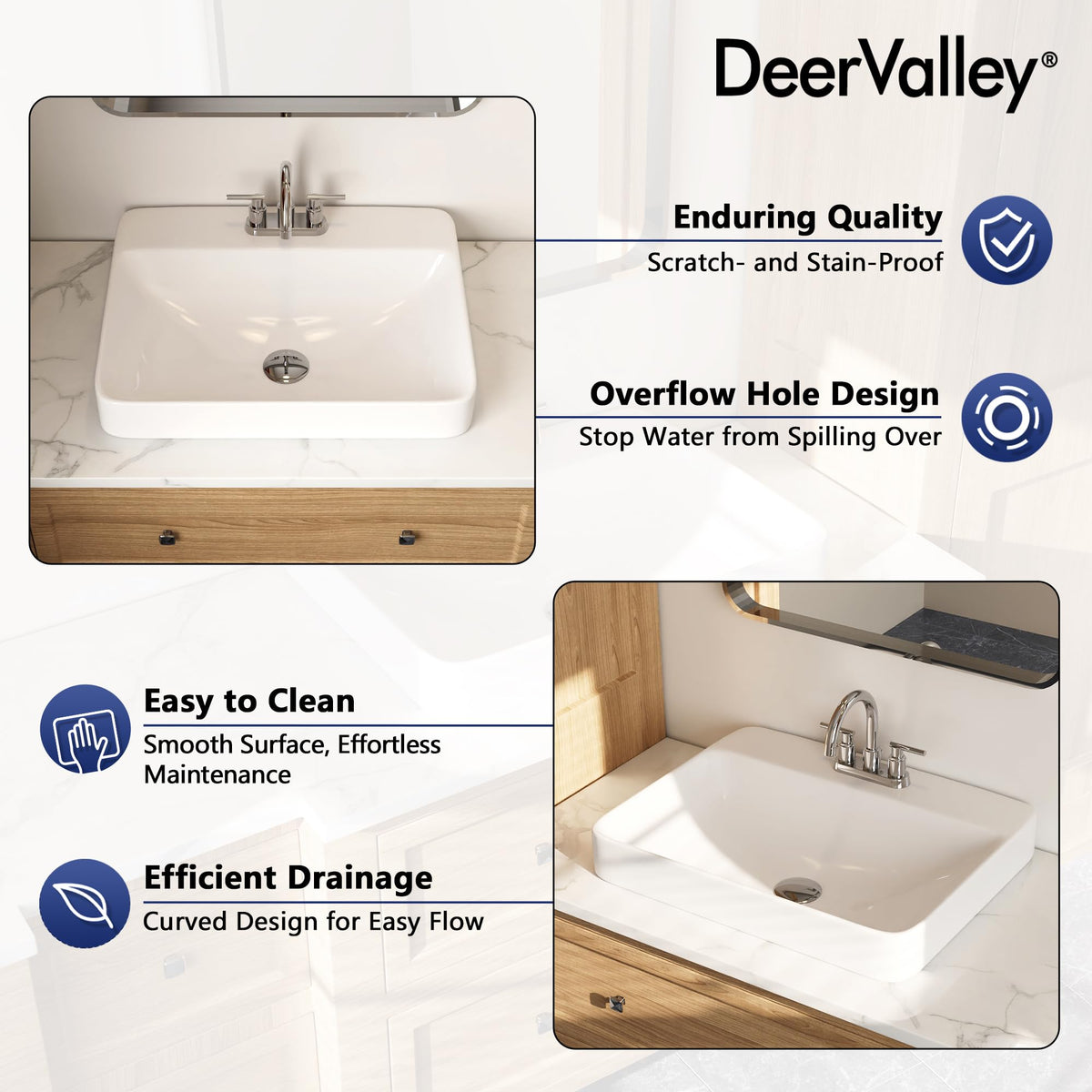 DeerValley Modern Drop In Bathroom Sink White 20"x17" Oval Vanity Art Basin