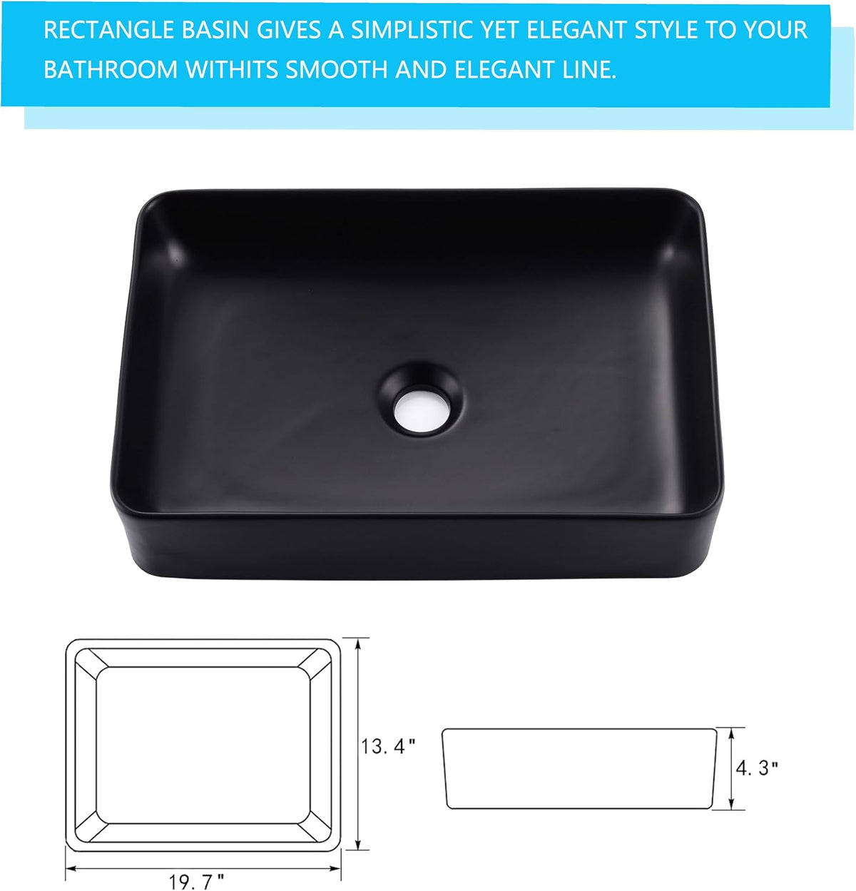 20 inch Black Vessel Sink Rectangular 20x14 Bathroom Above Counter