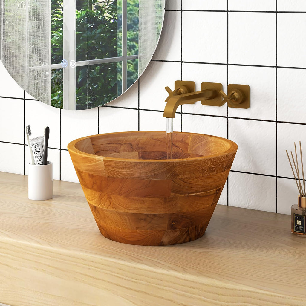 Giantex Teak Wood Vessel Sink - Bathroom Washbasin with Smooth Finish, Round Corner, 2.5â Drain Hole for 1 5/8" Drainage, Above Counter Vanity Sinks, No Assembly Art Basin (16â x 16â x 4â Bowl-shaped)
