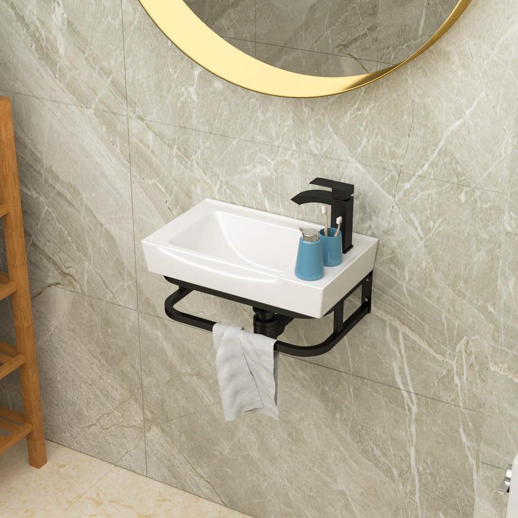 Lordear Wall Mounted Vessel Sink 16x11 Inch, U-Shape White Porcelain Bathroom Sink with Black Faucet and Support Pedestal Legs, Wall Hung Vanity Sink with Towel Rack for Small Bathrooms