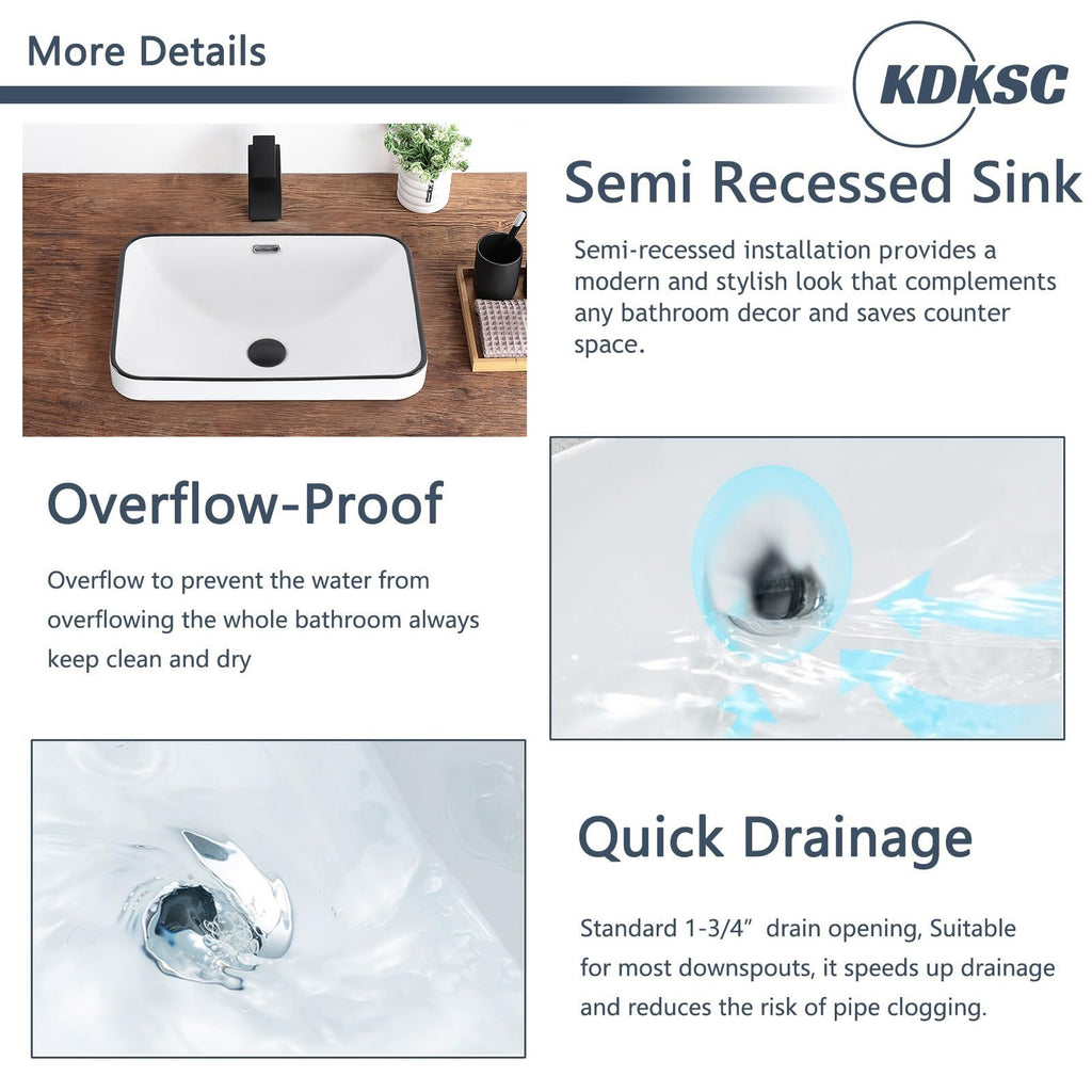 Bathroom Vessel Sink 16.7" X 12.6" Semi Recessed Bathroom Sink Rectangular Drop In Bathroom Sinks with Overflow White Ceramic Vessel Sinks for Bathroom Modern Above Counter Basin Vanity Sink
