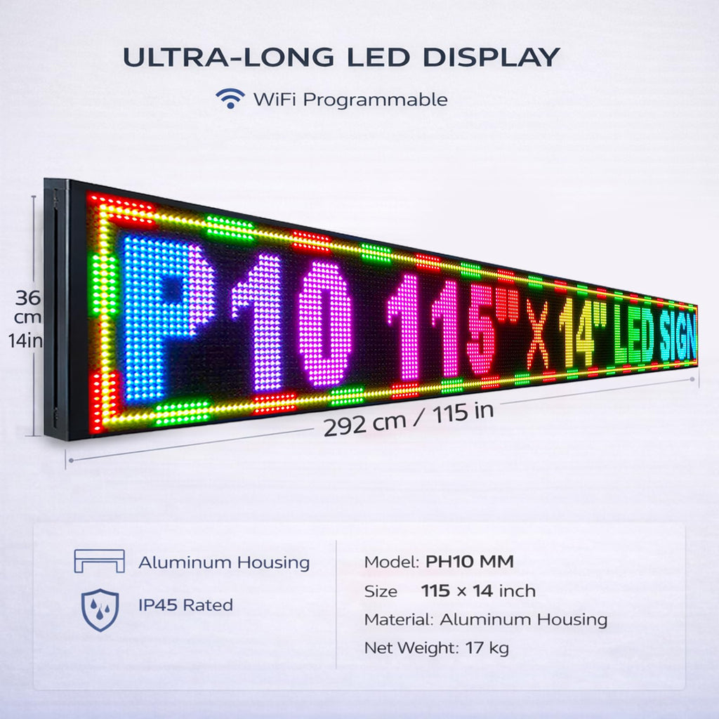 Outdoor P10 LED Message Sign 39"x14" Waterproof High Brightness WiFi Programmable Scrolling Text Display Board for Business, Storefront, Restaurant, Church, Events