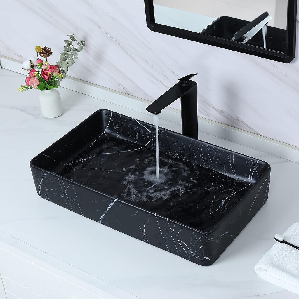 Davivy 23.6''x13.3'' Large Nordic Marbling Matte Black Rectangle Vessel Sink with Pop Up Drain,Bathroom Vessel Sinks,Bathroom Sinks Above Counter,Black Ceramic Vessel Sink for bathrooms (Large)
