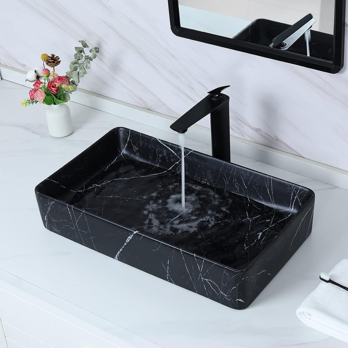 Davivy 23.6''x13.3'' Large Nordic Marbling Matte Black Rectangle Vessel Sink with Pop Up Drain,Bathroom Vessel Sinks,Bathroom Sinks Above Counter,Black Ceramic Vessel Sink for bathrooms (Large)