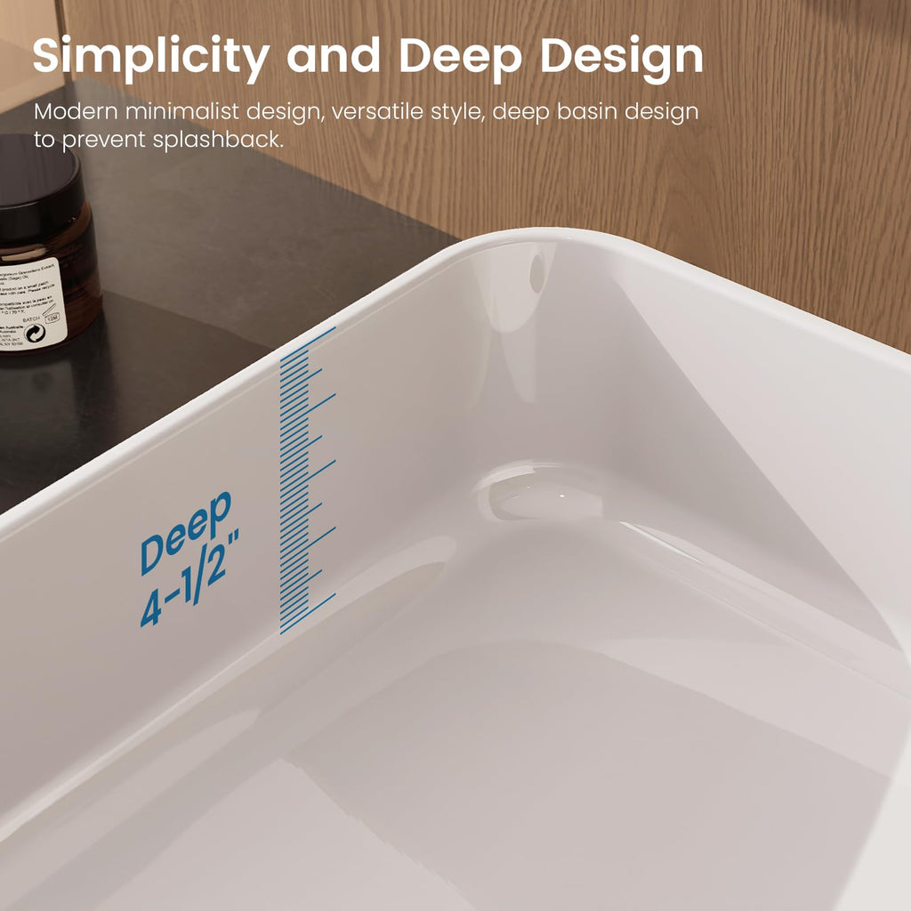 Matte Black Bathroom Vessel Sink Rectangular, 19.7â x 15.4â x 5.5â, Modern Countertop Bathroom Sink with Drainage Design, Above Counter Ceramic Basin for Powder Room - MJ-695