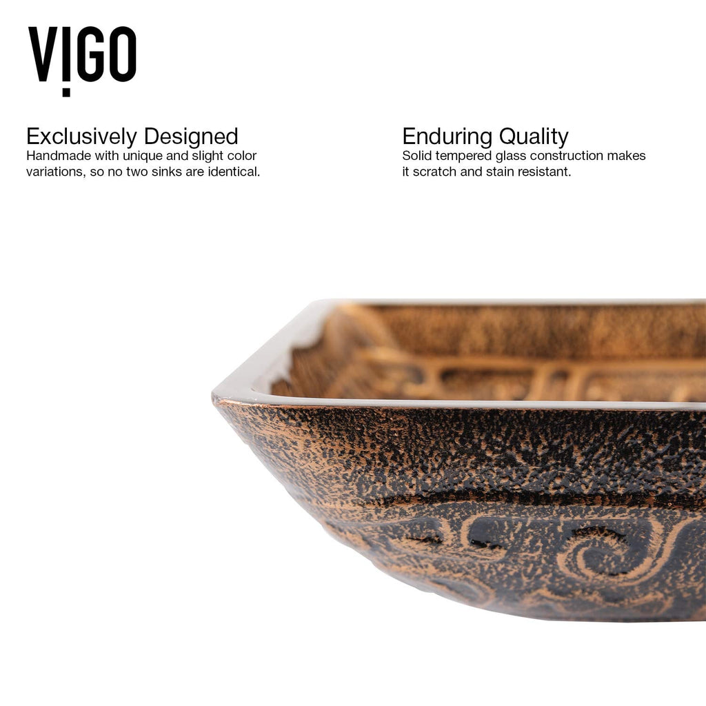 Vigo Vessel Sink Brown - 23â Artistic Rectangular Bathroom Vessel Sink, Tempered Glass Above Counter Sink with NonStickShield & QuickDrain, Modern Luxury Design