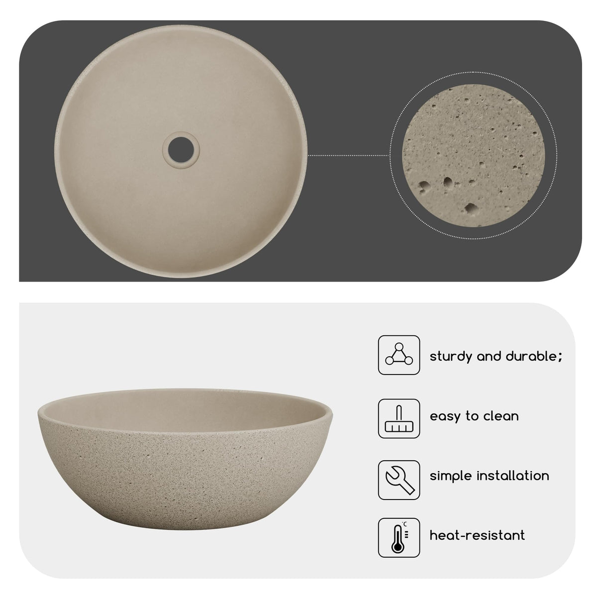 Design Vessel Sink Concrete Bathroom Sink above Counter Small Vessel Sink Bathroom Sink Bowl Countertop Modern Sinks with Faucet and Drain Combo 15.7" Round Gray