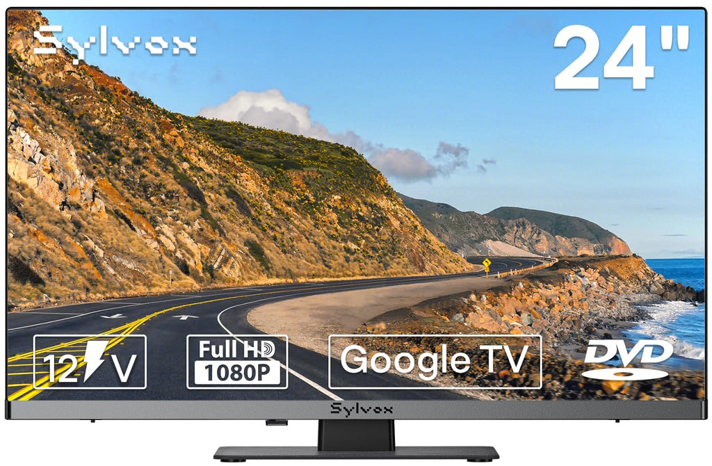 SYLVOX 24-Inch Smart RV TV, QLED 1080P FHD, Built-in DVD Player, Google TV OS, Wide Voltage Support 12V/24V AC/DC Television for RV & Home, HDMI & USB