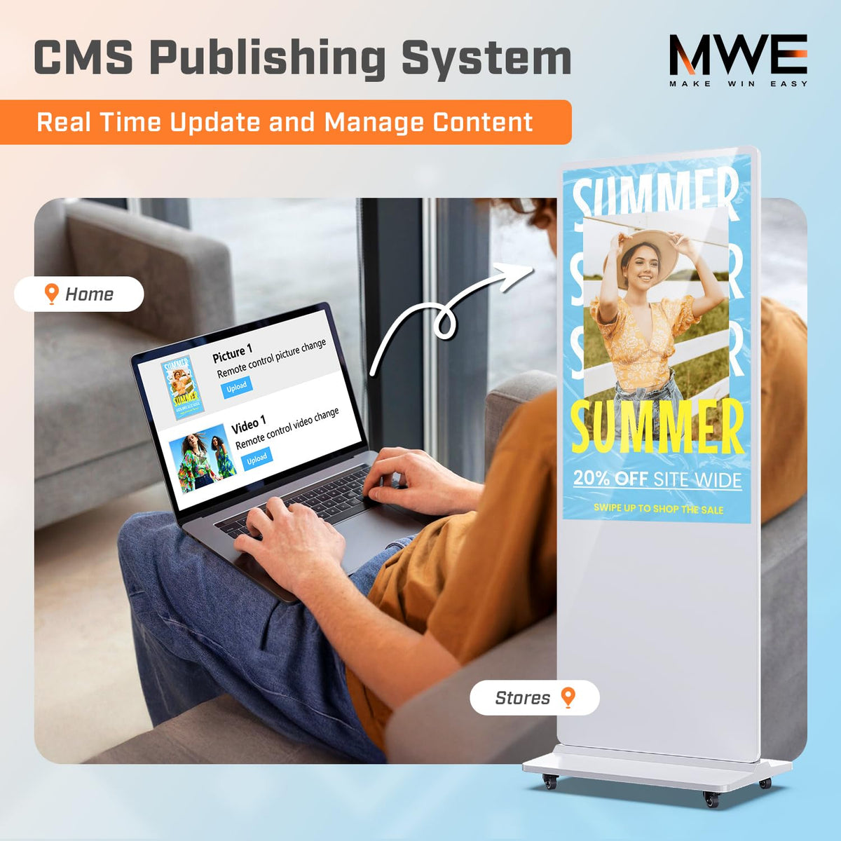 MWE 43 Inch Indoor Floor Standing Digital Signage Advertising Display Kiosk LCD Screen Commercial Totem Android System Vertical Poster with Auto Media Player