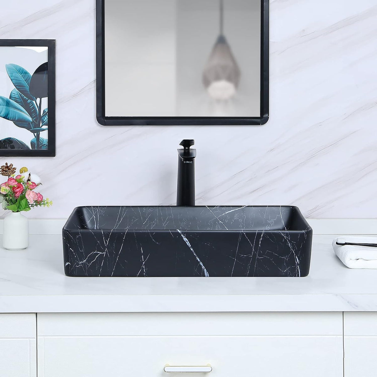 Davivy 23.6''x13.3'' Large Nordic Marbling Matte Black Rectangle Vessel Sink with Pop Up Drain,Bathroom Vessel Sinks,Bathroom Sinks Above Counter,Black Ceramic Vessel Sink for bathrooms (Large)