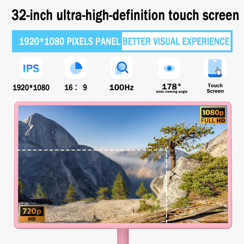32-Inch FHD Smart Portable TV, Rolling TV on Wheels, Built-in Battery, Android 15 OS, Touch Screen Monitor, 6GB RAM + 128GB Storage, 8MP Camera, Full Swivel Rotation, Voice Remote