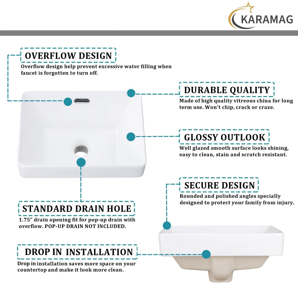 Small Bathroom Vessel Sink 16.7'' x 12.6'' Semi Recessed Bathroom Sink Rectangular Drop-in Vanity Sink with Overflow White Ceramic Modern Art Basin