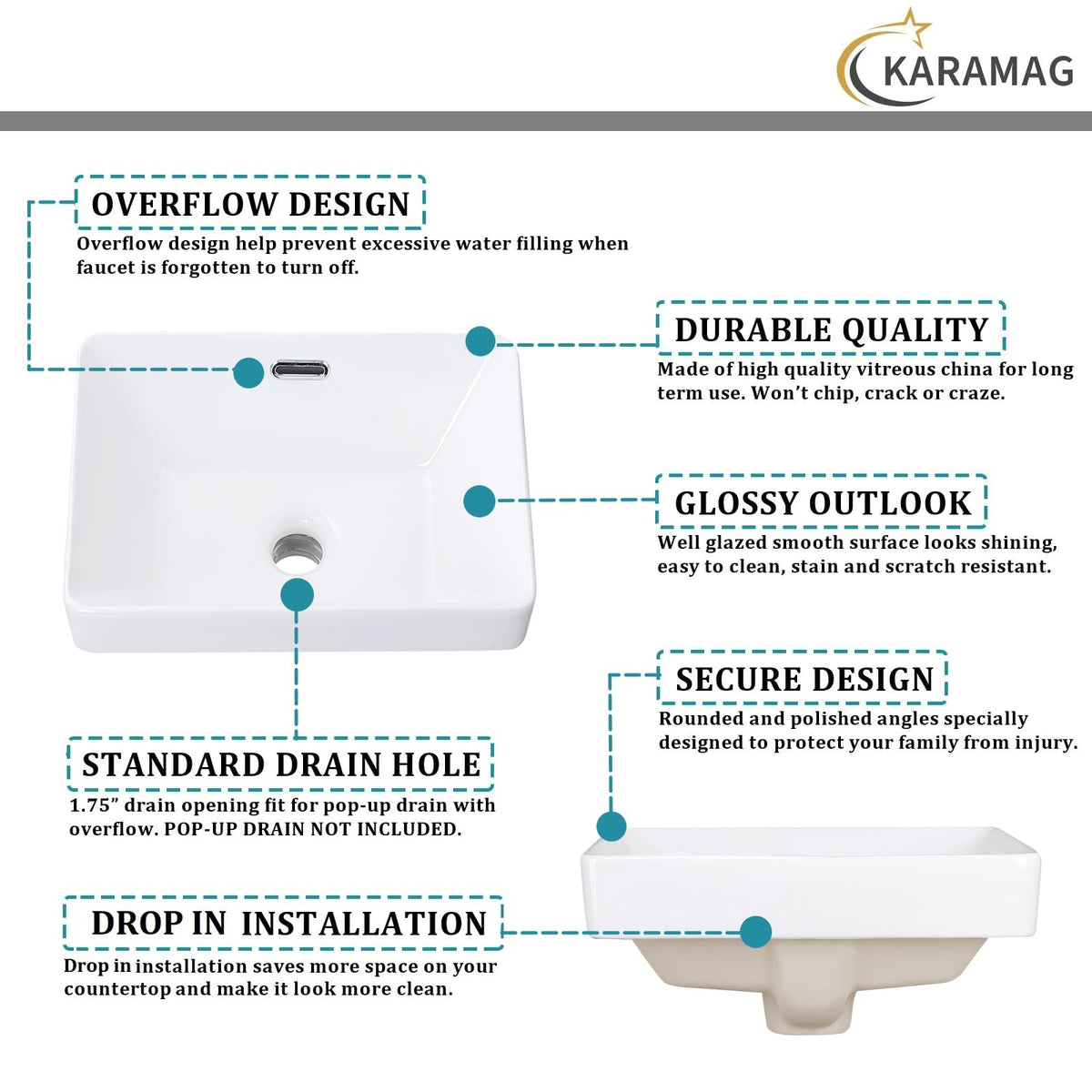Small Bathroom Vessel Sink 16.7'' x 12.6'' Semi Recessed Bathroom Sink Rectangular Drop-in Vanity Sink with Overflow White Ceramic Modern Art Basin