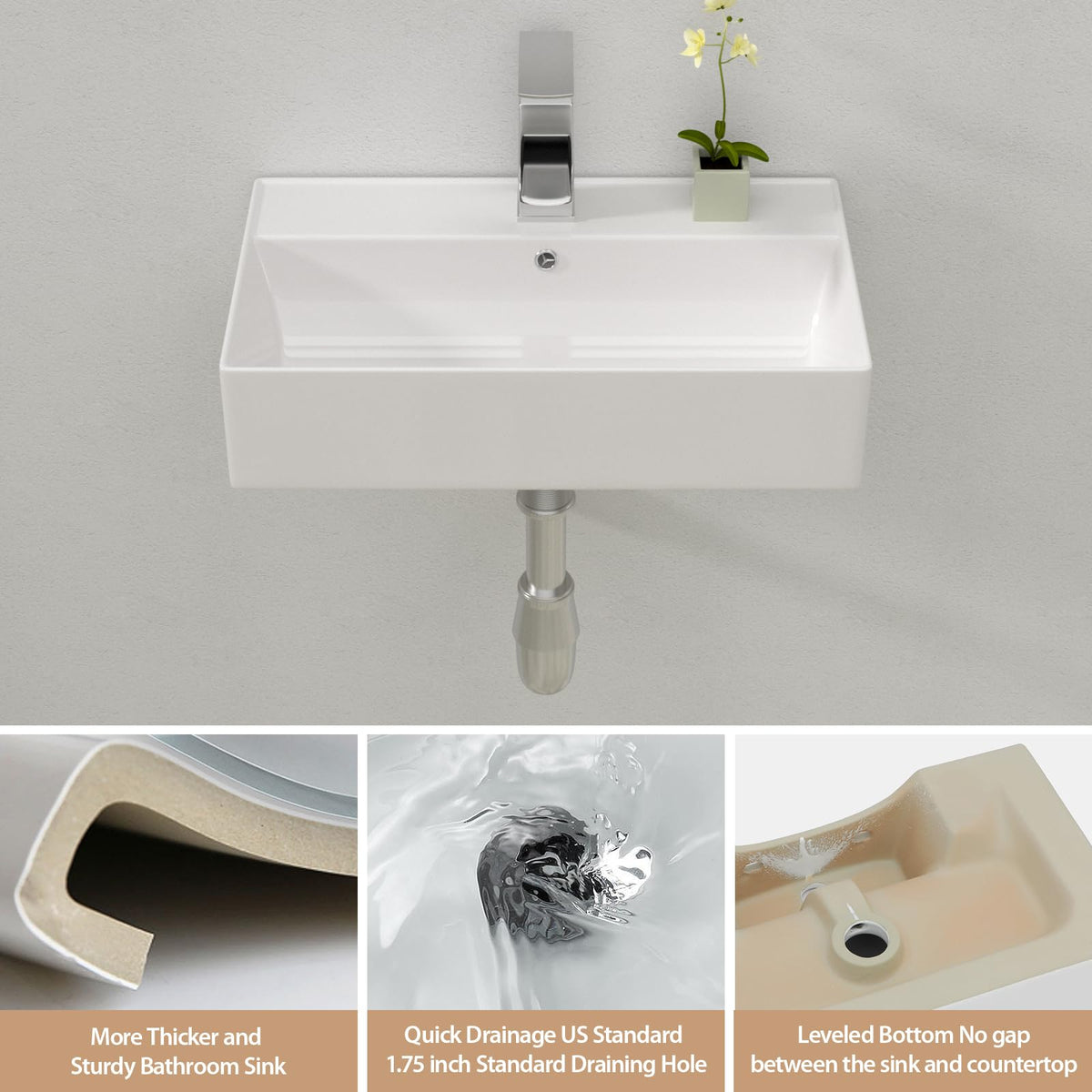 Lordear Wall Mounted Vessel Sink 16x11 Inch, U-Shape White Porcelain Bathroom Sink with Black Faucet and Support Pedestal Legs, Wall Hung Vanity Sink with Towel Rack for Small Bathrooms